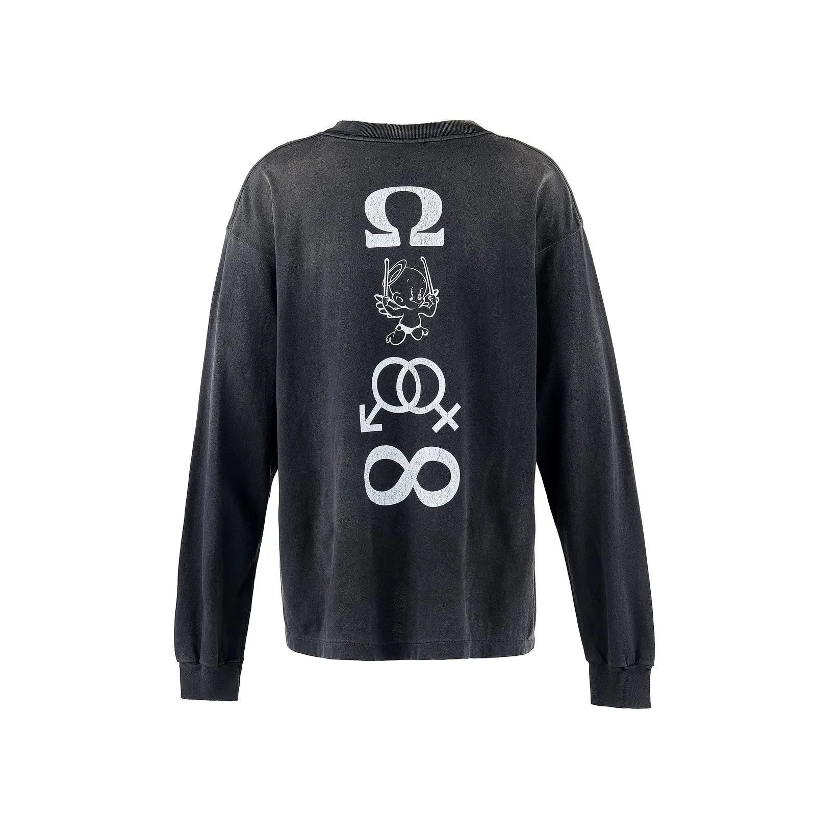 SAINT Mxxxxxx CANDLE LS TEE/BLK Slogan candle distressed long-sleeved TEE with angel short sleeves on the back. Washed black S-XL. Same as the original. Cylindrical side seam OE yarn fabric. Garment dyeing. Faded by heavy washing. Faded by plaster on bust. Correct alignment. Original consistent main mark/wash mark/cherub anti-counterfeiting mark. Original level printing restoration.